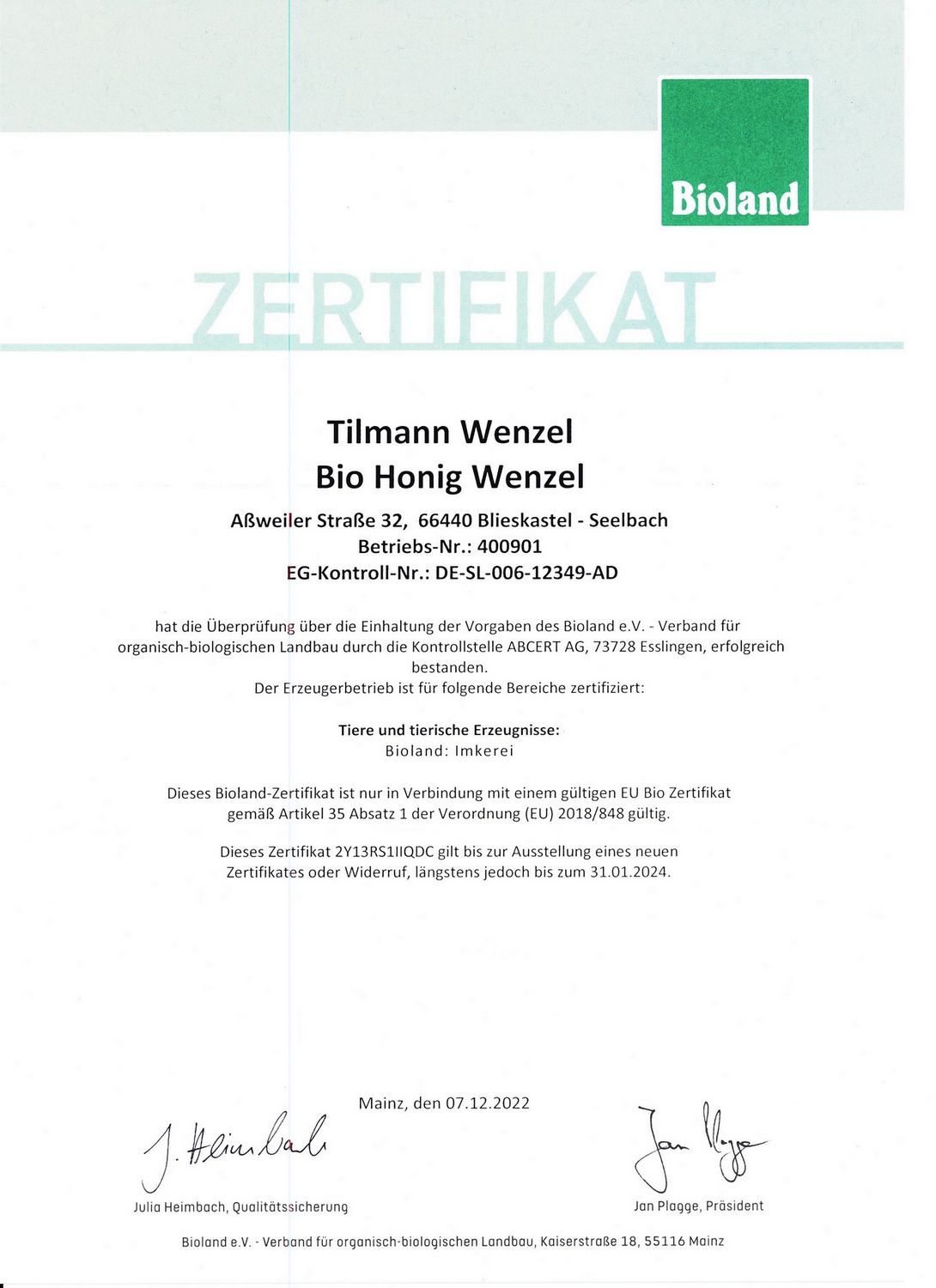 Bioland-Zertifikat Biohonig Wenzel