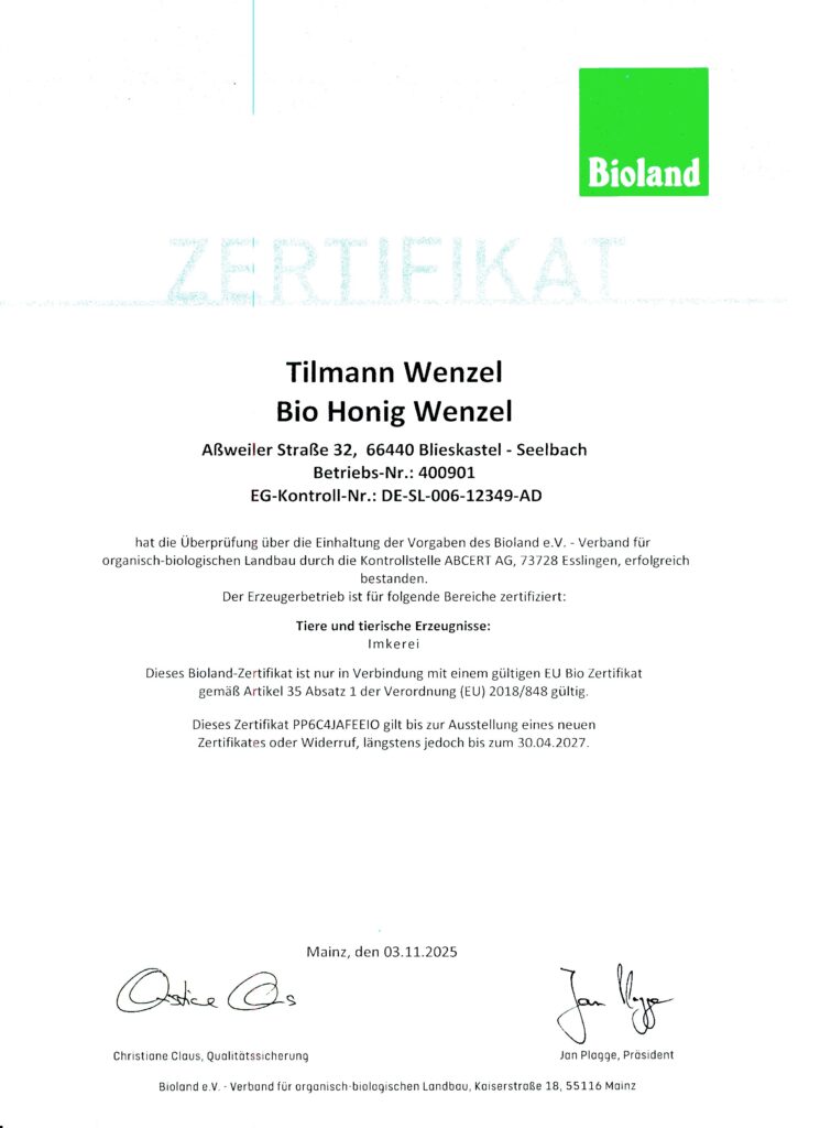 Bioland-Zertifikat Biohonig Wenzel